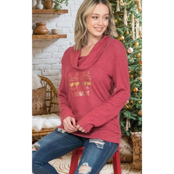 Red Cowl Neck‎ Long Sleeve Christmas Top With "Sleigh Ok" Graphic XL - Picture 2 of 2